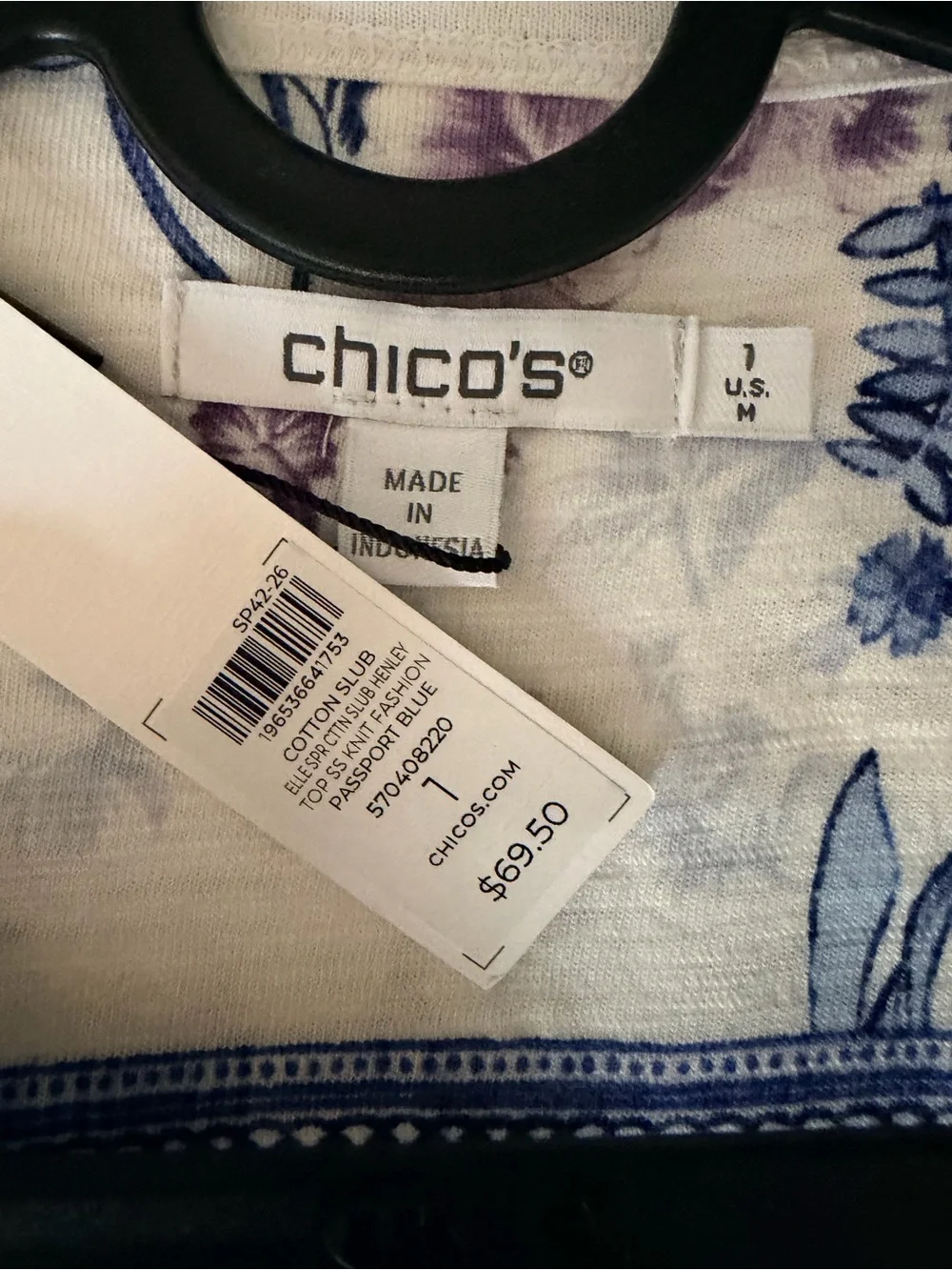NWT Chicos Cotton Printed Billow Sleeve Patchwork Blouse, size 1, medium